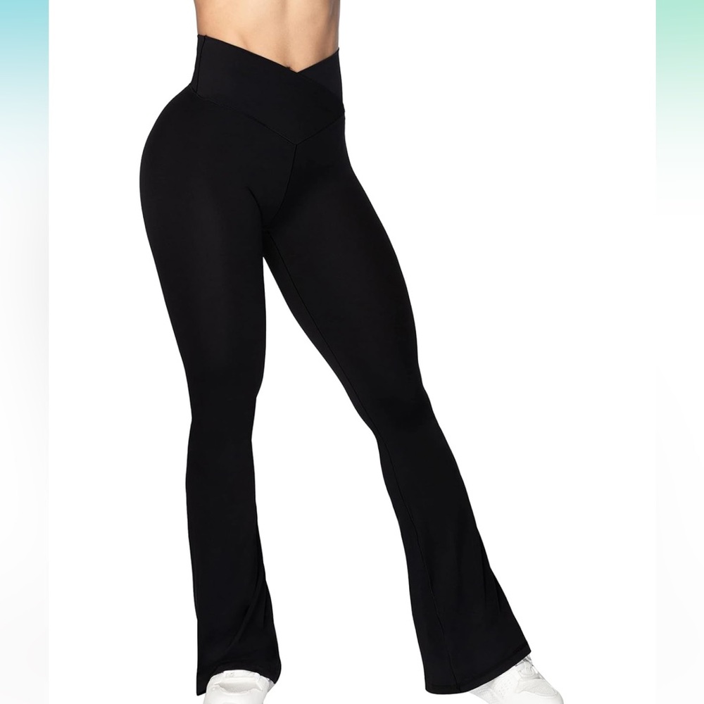 Sunzel Flare Crossover Yoga Pants Tummy Control High Rise Wide Leg Black Medium